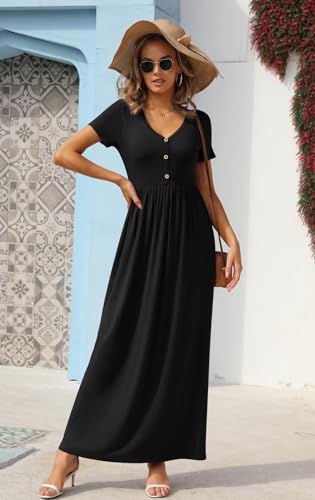GRECERELLE Womens Summer Long Maxi Dresses 2026 Short Sleeve V Neck Casual Button Dress with Pockets - color: Black, size: Small