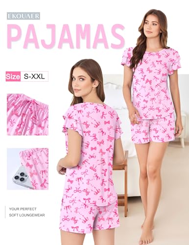 Ekouaer Womens Pajama Sets 2 Piece Ruffle Sleeves Top and Shorts Pjs - color: Bow, size: Medium