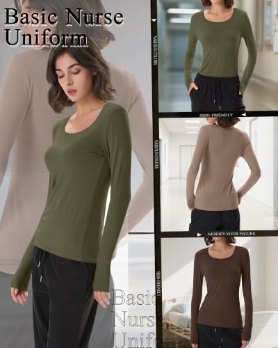 Neer 3 Pack Womens Underscrubs Long Sleeve Shirts for Nurse - color: Army Green, Khaki, Brown, size: Medium
