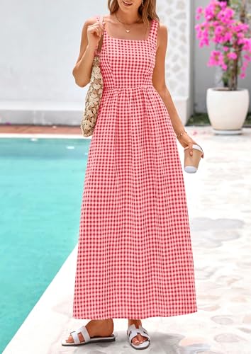PRETTYGARDEN Women's Summer Gingham Maxi Long Dress - color: Brilliant Red, size: Large