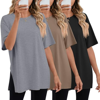 Huukeay 3 Pack Women's Oversized T Shirts Workout Tops - color: Black, Dark Coffee, Mixed Gray, size: X-Large