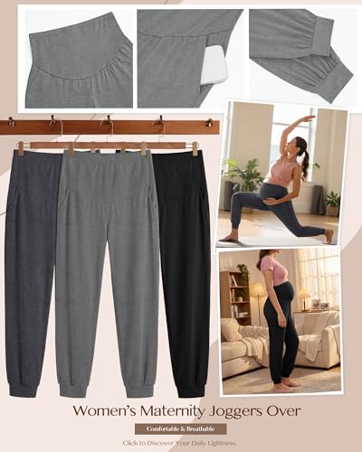 3 Pack Women's Maternity Pants - color: Light Heather Gray, Dark Heather Gray, Black, size: Large