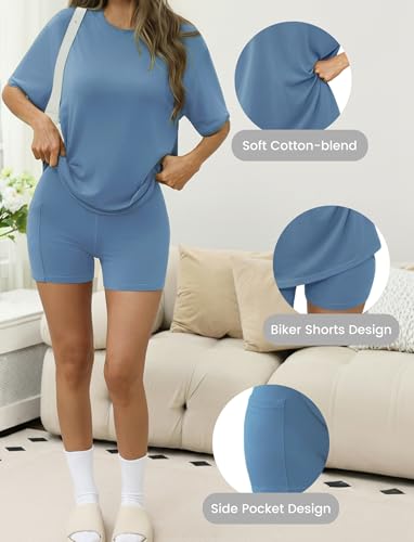 Womens Loungewear Oversized T-shirts and Biker Shorts - color: Blue, size: X-Small