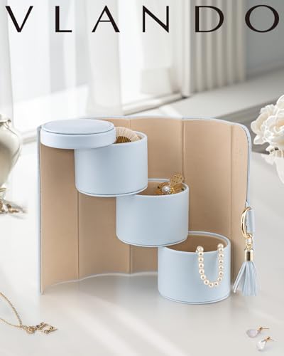 VLANDO Travel Jewelry Organizer, 3 Tier Roll Up Design, Hard Shell Storage - color: Light Blue