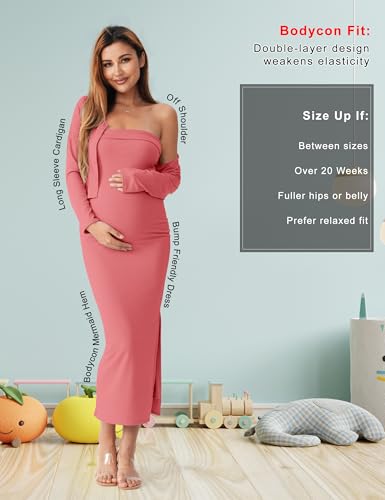 2 Piece Strapless Maternity Dress & Cardigan Set for Baby Shower - color: Dusty Rose, size: Small