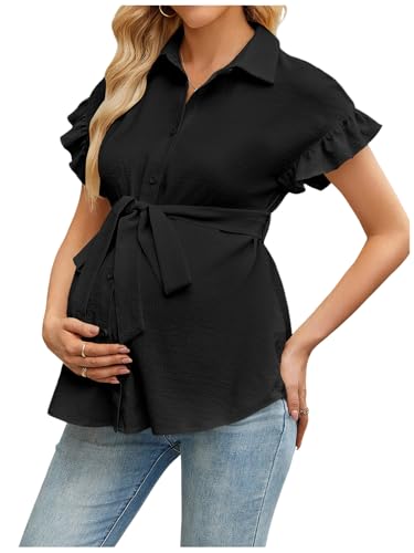 MakeMeChic Women's Maternity Nursing Work Blouse Pregnancy Ruffle Tops - color: Black, size: X-Small