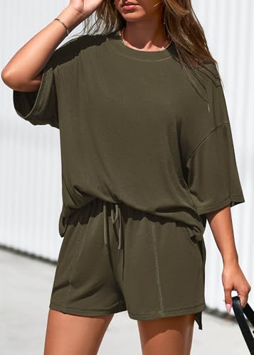 KIRUNDO 2 Piece Sets for Women Summer Lounge Sets Casual - color: Army Green, size: Small