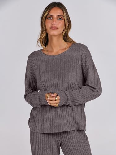 ANRABESS Women 2 Piece Lounge Pajamas Sets Casual Fall Outfits - color: Dark Brown, size: Small