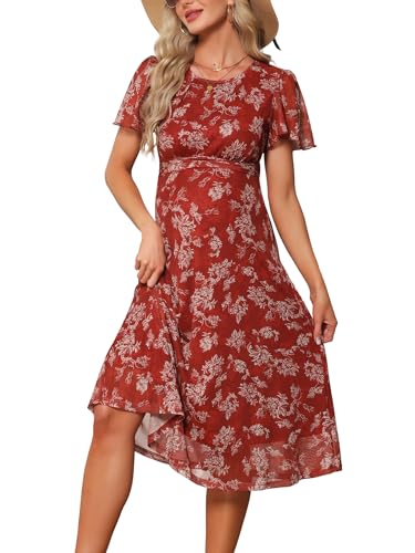 Maternity Wedding Guest Dress Floral Mesh Dress - color: Red & White Flower, size: Small