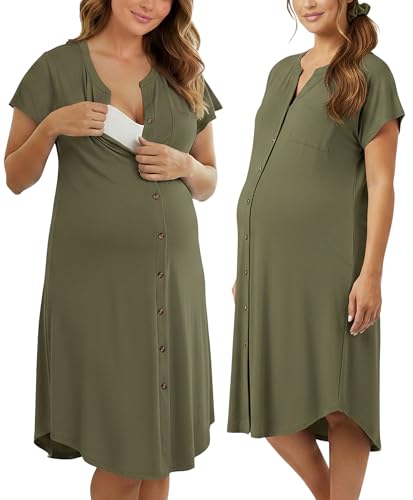 PATPAT Maternity Nursing Dress, Womens Button-Down Midi Dress with Pockets - color: Olive Green, size: Medium