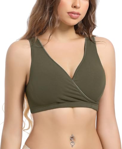 SUIEK 4 Pack Nursing Sleep Bra Maternity Bralette Cotton Breastfeeding Bras - color: Nude/Stripe/Leaf/Army Green-4pcs, size: Medium