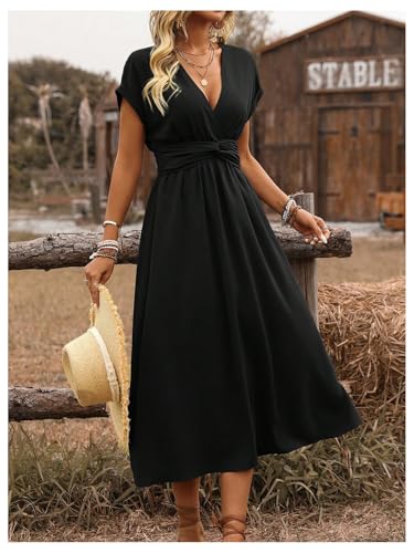 Floerns Women's Wrap V Neck Flowy Midi Dresses Short Sleeve A Line Ruched Beach Dress - color: Black, size: X-Large