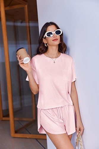 Ekouaer Womens Pajama Sets Sexy Lounge Sets Side Split Short Pj Sets - color: Pink and White Stripes, size: Medium