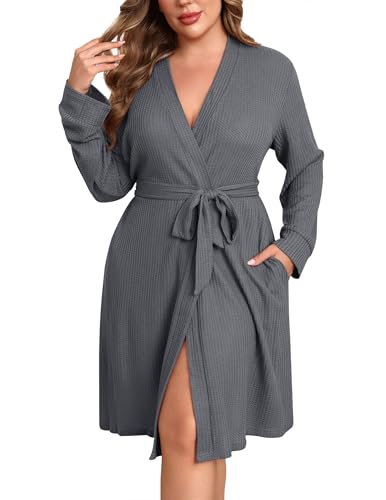 Ekouaer Women's Plus Size Robe Waffle Knit Bathrobe Short Lightweight Kimono Robes with Pockets Maternity Robe 1x-5x - color: Dark Grey, size: 5X