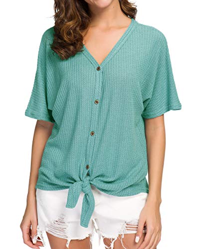 IWOLLENCE Women's Waffle Knit Tunic Blouse Tie Knot Short Sleeve Henley Tops Loose Fitting Bat Wing Shirts - color: C-blue Green, size: Medium