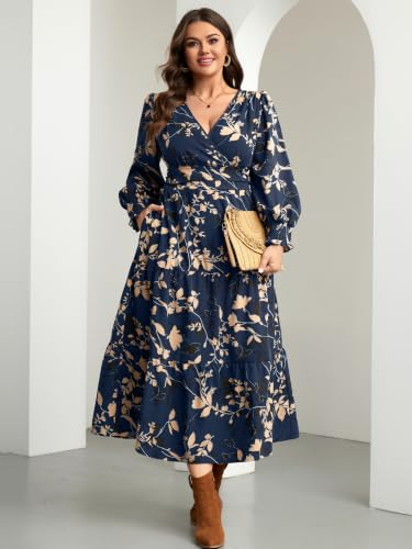 RWJ Women's Plus Size Fall Wedding Guest Dress Long Sleeve Maxi with Pocket - color: Navy Blue Floral, size: 3X-Large Plus