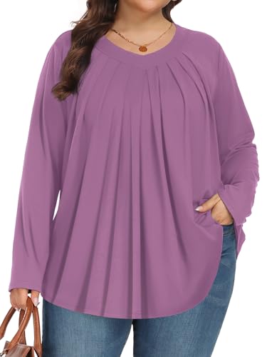 Tencede Womens Plus Size Tops Long Sleeve Shirts V Neck Tunic Blouses 1X-5X - color: Light Purple, size: 4X-Large