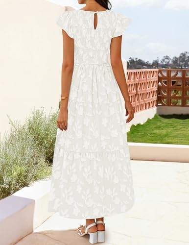 ZESICA Women's Summer Floral Boho Smocked Flowy Maxi Dress - color: White, size: Large