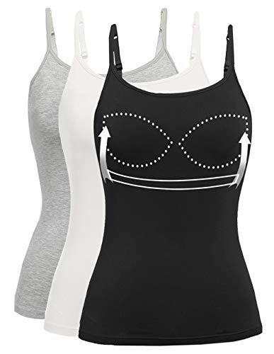Womens Tank Tops Adjustable Strap Camisole with Built in Padded Bra Vest Sleeveless Layer Top 1/2/3 Packs - color: 3 Pack ( Black - White - Grey ), size: X-Large