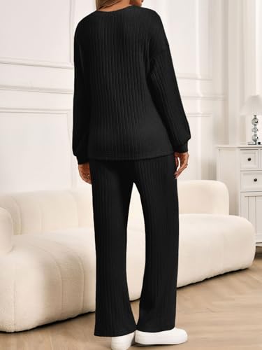 Yousify Womens Maternity Pajamas Sets 2 Piece Outfits Ribbed Knit Lounge Set - color: Black, size: X-Large