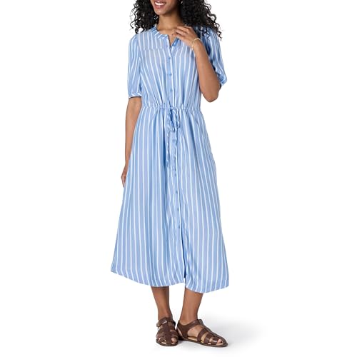 Amazon Essentials Women's Relaxed Fit Half-Sleeve Breathable Button Front Drawstring Waist Midi A-Line Dress with Pockets - color: French Blue/White Stripe, size: Large