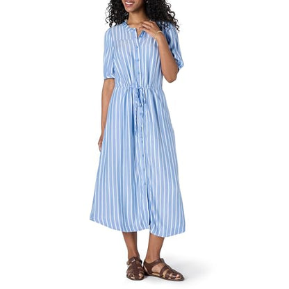 Amazon Essentials Women's Relaxed Fit Half-Sleeve Breathable Button Front Drawstring Waist Midi A-Line Dress with Pockets - color: French Blue/White Stripe, size: Large