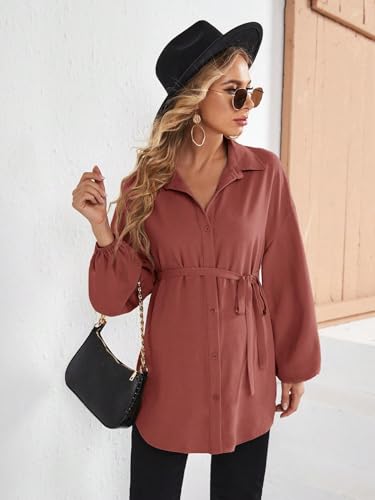 MakeMeChic Women's Maternity Blouse Long Sleeve Belted Button Down Tops - color: Redwood, size: XX-Large