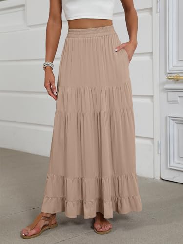 ANRABESS Women’s Summer Flowy Maxi Skirts with Pockets - color: Tan Brown, size: Large