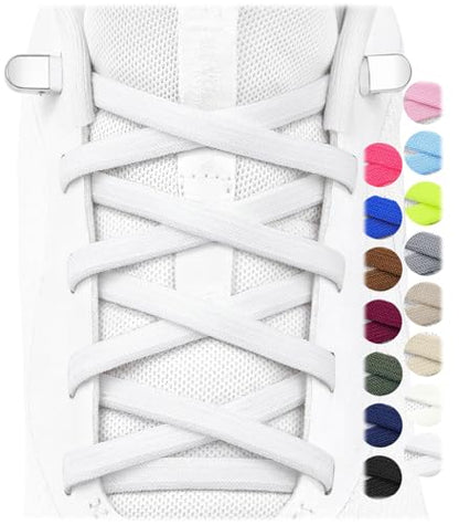 Stepace 2 Pairs Flat Elastic No Tie Shoe Laces for Kids and Adults Sneakers - color: White