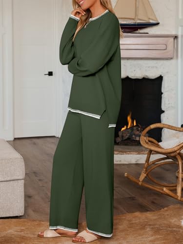LILLUSORY Lounge Sets Womens 2 Piece Matching 2026 Fall Knit Sweater Set - color: Army Green, size: Medium