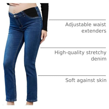 Women's Maternity Jeans Slim Side Stretchy Straight Leg Pregnancy Petite Denim Pants with Pockets - color: Dark Blue, size: Small