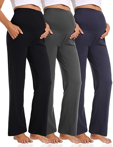 Foucome Women's Maternity Pants Wide Leg Pregnancy Work Pants - color: Black/Grey/Navy, size: Large