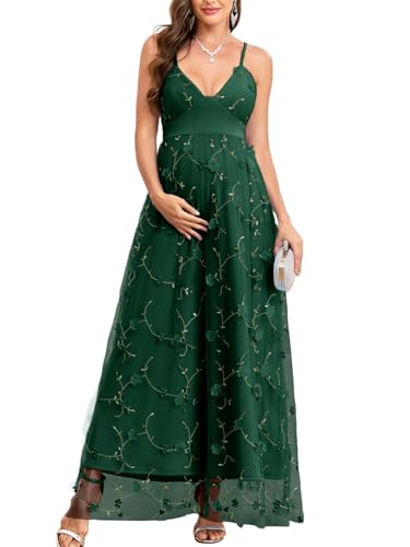 AISWI 3D Floral Maternity Maxi Dress V-Neck Tulle Spaghetti Strap A-Line Pregnancy Gown for Baby Shower Wedding Party - color: Dark Green, size: XX-Large