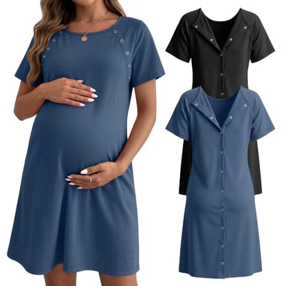 Huukeay 2 Pack Labor and Delivery Hospital Gown - color: Black, Denim Blue, size: Medium