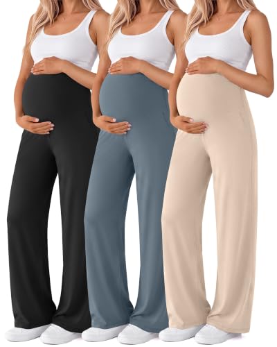3 Pack Women's Maternity Yoga Pants with Pockets - color: Apricot, Slate Blue, Black, size: Medium