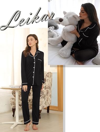 Leikar Button Up Pajamas For Women Long Sleeve Viscose Soft Pjs Lounge - color: Black, size: Small
