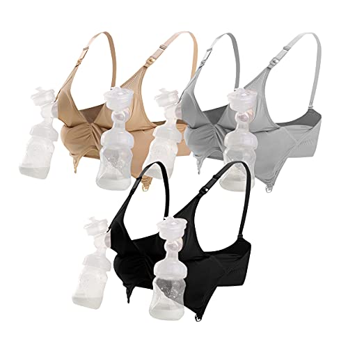 iloveSIA Nursing Bras for Mom Breastfeeding, Seamless Supportive Sleep Bra for Maternity Postpartum S-2XL 3Pack - color: Black+beige+grey, size: X-Large