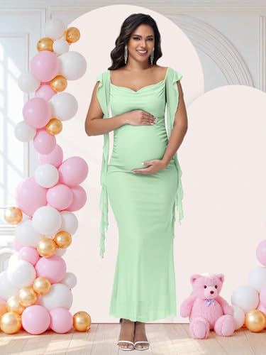 Women's Maternity Draped Neck Ruffle Bodycon Baby Shower Dress - color: Mint, size: Medium