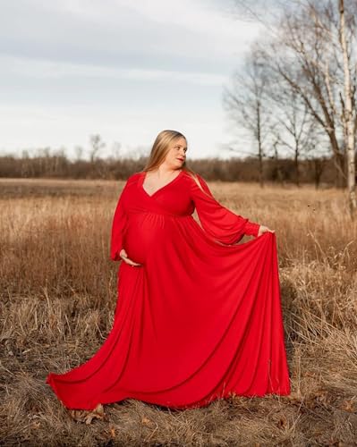 Long Sleeve Maternity Dress for Photoshoot Plus Size - color: 83 Red, size: Large