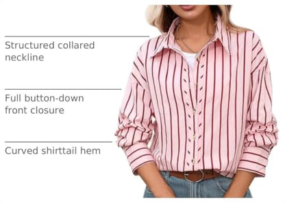 CHYRII Women's Striped Button Down Long Sleeve Blouse - color: Red-7185, size: XX-Large
