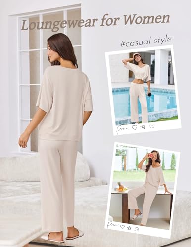 Ekouaer Lounge Sets for Women Comfy Pajamas Set 2 Piece Outfits - color: Beige, size: Large