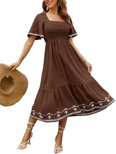 Glamaker Women's Short Sleeve Smocked Square Neck A Line Summer Flowy Maxi Long Dress - color: 01-brown, size: Medium