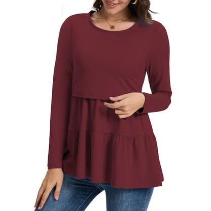 Bearsland Long Sleeve Nursing Top - color: Black & Dark Green & Dark Red, size: Small