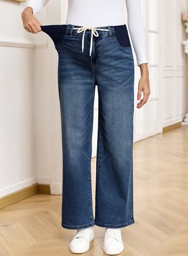 BLENCOT Maternity Jeans High Waisted Drawstring Straight Leg Denim Pants - color: Dirty Blue, size: Small