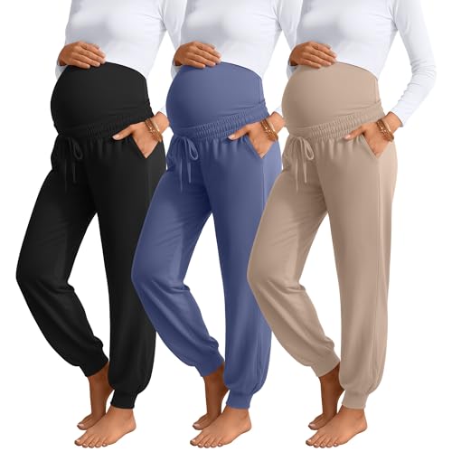 3 Pack Womens Maternity Pants Loose Pregnancy Joggers - color: Khaki, Haze Blue, Black, size: Medium