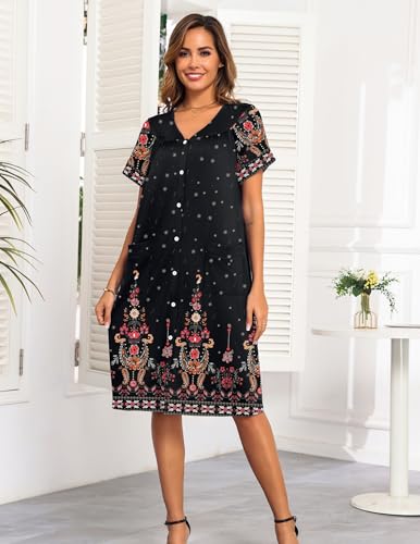 Ekouaer House Dress for Women with Pockets Button Down Nightgowns Moo Moos - color: Ethnic Black, size: Medium