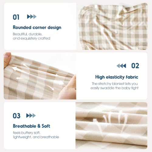 GRSSDER 3-Pack Ultra Soft Stretchy Jersey Knit Baby Swaddle Blankets, 33x44 - color: Bloom Bun & Gingham Check & Beige