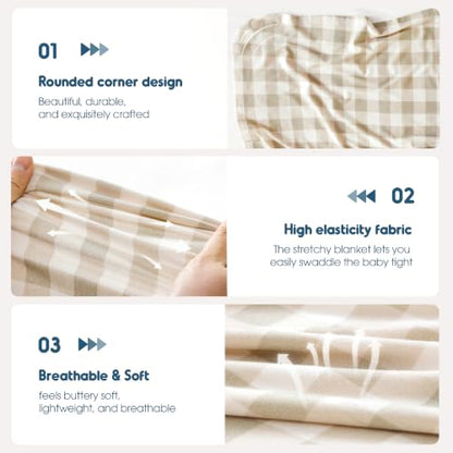 GRSSDER 3-Pack Ultra Soft Stretchy Jersey Knit Baby Swaddle Blankets, 33x44 - color: Bloom Bun & Gingham Check & Beige