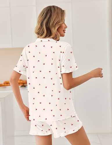 Ekouaer Pajamas Set for Women Button Down Pjs Lounge Sets Ruffle Sleepwear - color: Beige Cherry, size: XX-Large