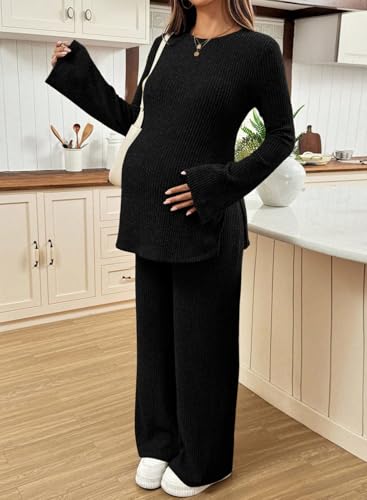 BLENCOT Maternity 2 Piece Outfits Ribbed Knit Long Sleeve Sets - color: Black, size: Small